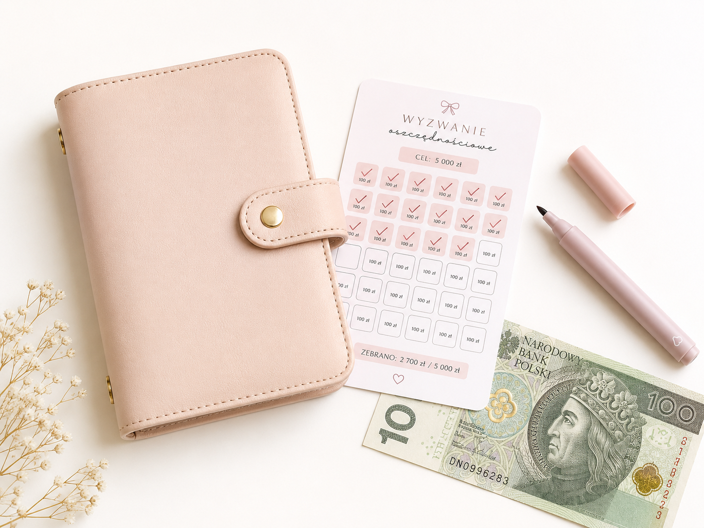 Binder, wyzwanie oszczędnościowe banknot i mazak
