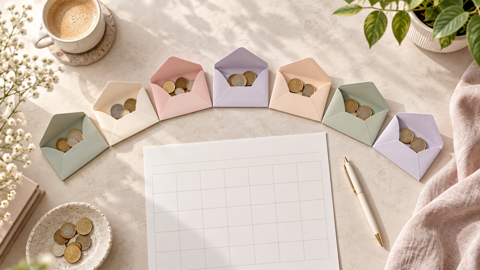 Siedem kopert ułożonych jako tygodniowy budżet domowy