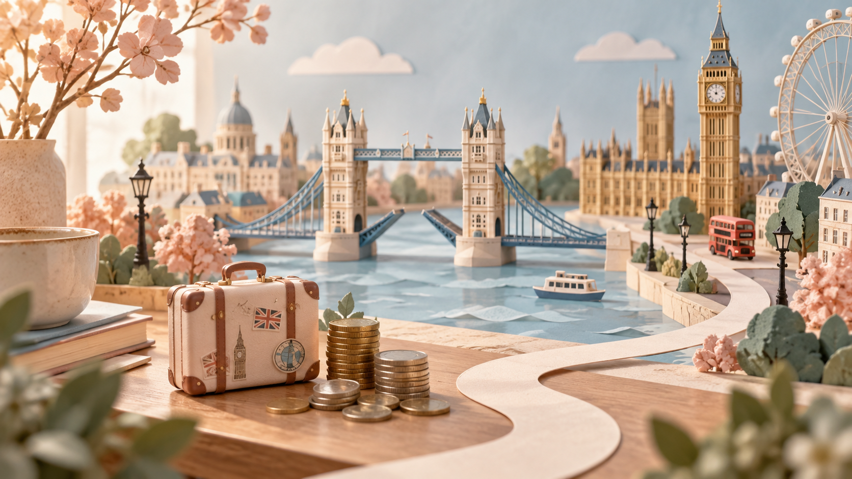 Pastelowa makieta Londynu z Tower Bridge, Big Benem, walizką i monetami